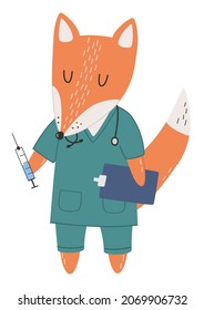 Hand drawn cartoon illustration of fox in a doctor's suit with stethoscope and syringe. Cute childish character. Flat vector print. Isolated on white background. Health care or vaccination concept