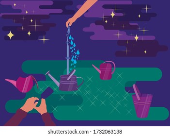 Hand drawn cartoon illustration of gardening, different types of watering cans, bucket, hand turning on water. Vector flat style with magic night. Summer hobby, favourite domestic deal in quarantine