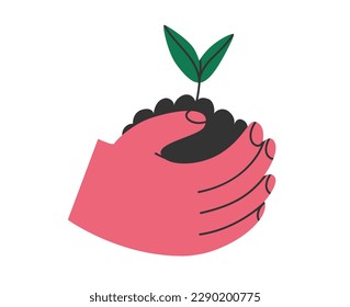 Hand drawn cartoon illustration of hand holding soil with germinating plant. Green sprout from the ground. Flat vector eco-friendly concept in doodle style. Ecology sticker, icon or print. Isolated.