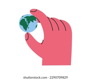 Hand drawn cartoon illustration of hand holding planet Earth. Flat vector eco-friendly concept in doodle style. Ecology, Earth day, environment protection sticker, icon or print. Isolated.