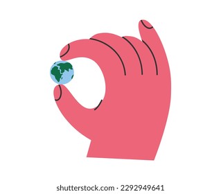 Hand drawn cartoon illustration of hand holding planet Earth. Flat vector eco-friendly concept in doodle style. Ecology, Earth day, environment protection sticker, icon or print. Isolated.