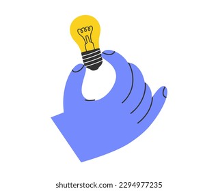 Hand drawn cartoon illustration of hand holding glowing light bulb, incandescent lamp. Flat vector good idea or answer in doodle style. Decision in the human hands sticker, icon or print. Isolated.