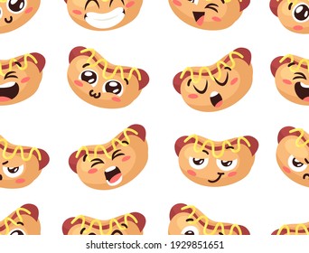 Hand Drawn Cartoon Illustration Hot Dog Emoji. Fast Food Vector Drawing Emoticon. Tasty Image Meal. Flat Style Collection American Cuisine Seamless Pattern