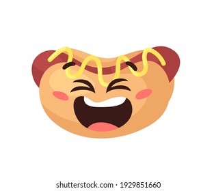 Hand Drawn Cartoon Illustration Hot Dog Emoji. Fast Food Vector Drawing Emoticon. Tasty Image Meal. Flat Style Collection American Cuisine