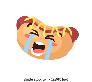 Hand Drawn Cartoon Illustration Hot Dog Emoji. Fast Food Vector Drawing Emoticon. Tasty Image Meal. Flat Style Collection American Cuisine