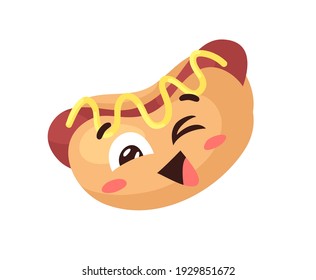 Hand Drawn Cartoon Illustration Hot Dog Emoji. Fast Food Vector Drawing Emoticon. Tasty Image Meal. Flat Style Collection American Cuisine