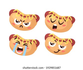 Hand Drawn Cartoon Illustration Hot Dog Emoji. Fast Food Vector Drawing Emoticon. Tasty Image Meal. Flat Style Collection American Cuisine
