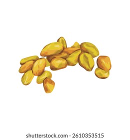 Hand drawn cartoon illustration of isolated colorful peeled pistachios topping for cooking ice cream filling, traditional oriental dessert, food collection, Heap of cracked nuts, beer snack