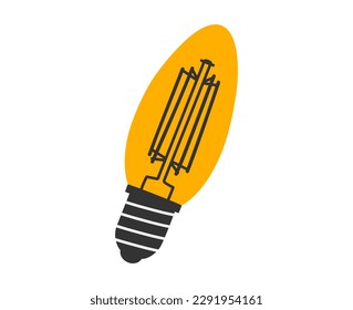 Dibujo a mano de dibujos animados de la lámpara LED en estilo vintage, brillante bombilla Edison. Diodo emisor de luz. Concepto de idea plana vectorial en estilo doodle. Pegatina de dispositivo de ahorro de energía, icono. Aislado.