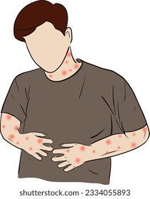 hand drawn cartoon illustration of a man with allergies red rash itching