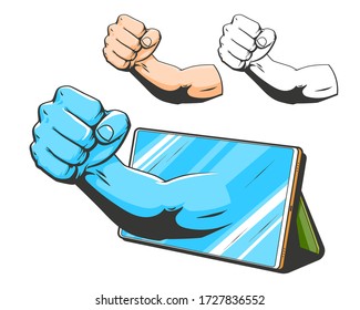 Hand drawn cartoon illustration of modern tablet with human fists, human hand set, isolated on white background