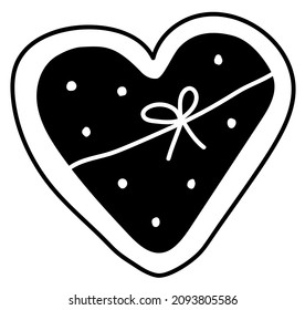 Hand Drawn Cartoon Illustration Of Outline Heart Shape Cookie With Dots And Bow. Cute Doodle Simple Food Valentines Day Line Art. Flat Vector Love, Romantic, Sticker, Line Icon Or Print. Isolated.