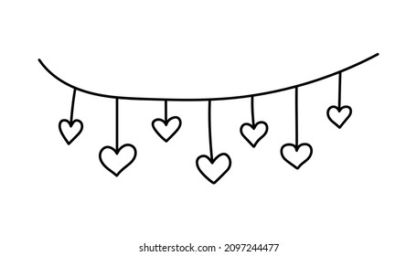 Hand drawn cartoon illustration of outline garland with hearts. Cute doodle simple valentines day line art. Flat minimal vector love, romantic, party, festive  postcard, icon or print. Isolated.