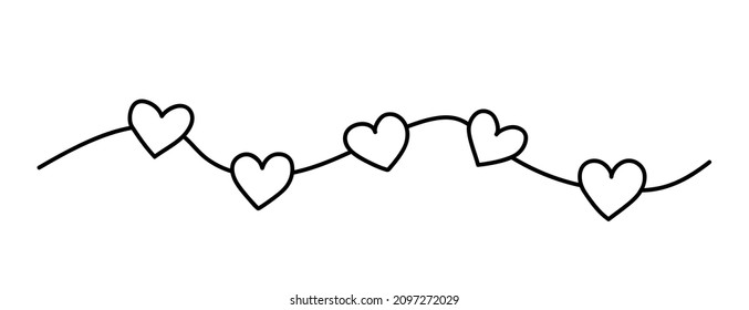 Hand drawn cartoon illustration of outline garland with hearts. Cute doodle simple valentines day line art. Flat minimal vector love, party, festive postcard, icon or print. Isolated.