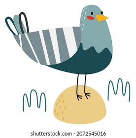 Hand drawn cartoon illustration of 
pigeon. Cute bird vector print. Childish character. Scandinavian nursery flat style. Isolated on white background.