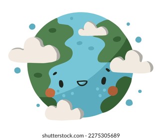 Hand drawn cartoon illustration of a planet earth with clouds earth day