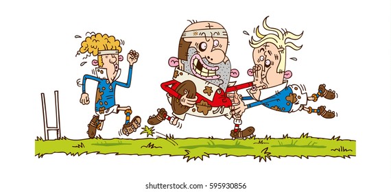 Hand drawn cartoon illustration of rugby match
