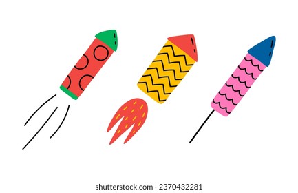 Hand drawn cartoon illustration set of exploding party rocket firework. Cute doodle simple missile, firecracker sticker or icon. Flat vector pyrotechnics, festive element collection. Isolated.