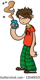 hand drawn cartoon illustration of sleepy boy holding a cup of coffee