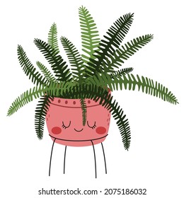 Hand drawn cartoon illustration of smiling boston fern, sword fern in a flowerpot. Cute childish houseplant character. Nephrolepis exaltata. 
Flat vector nursery print. Isolated on white background.