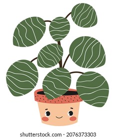 Hand drawn cartoon illustration of smiling Pilea Peperomioides, money plant in a flowerpot. Cute childish houseplant character. 
Flat vector nursery print. Isolated on white background.