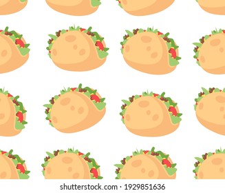 Hand Drawn Cartoon Illustration Tacos. Fast Food Vector Seamless Pattern. Tasty Image Meal. Flat Style Collection Mexican cuisine