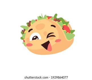 Hand Drawn Cartoon Illustration Tacos Emoji. Fast Food Vector Drawing Emoticon. Tasty Image Meal. Flat Style Collection  Mexican Cuisine