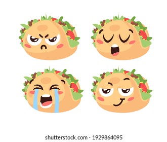 Hand Drawn Cartoon Illustration Tacos Emoji. Fast Food Vector Drawing Emoticon. Tasty Image Meal. Flat Style Collection  Mexican Cuisine