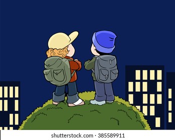 Hand drawn cartoon illustration of two tourists wearing hiker outfit, standing on the hill, looking at the night city