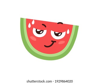 Hand Drawn Cartoon Illustration Watermelon Emoji.  Food Vector Drawing Sweet Emoticon. Tasty Image Meal. Flat Style Vegan Collection Fruits