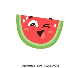 Hand Drawn Cartoon Illustration Watermelon Emoji.  Food Vector Drawing Sweet Emoticon. Tasty Image Meal. Flat Style Vegan Collection Fruits