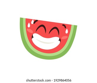 Hand Drawn Cartoon Illustration Watermelon Emoji.  Food Vector Drawing Sweet Emoticon. Tasty Image Meal. Flat Style Vegan Collection Fruits