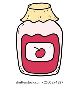 Hand drawn cartoon jar of cherry jam isolated on white background. Vector illustration.