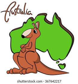 Hand drawn cartoon kangaroo with Australian continent silhouette as a background and "Australia" lettering.