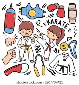 Hand Drawn Cartoon Karate Doodle Vector Illustration