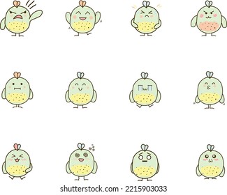 hand drawn cartoon of a kawaii chick. Set of emoji ( happy, sad, angry, scared, crying, adorable, amazed, kiss). Doodle stickers of a chicken in different poses, pastel colours