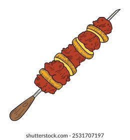 Hand drawn cartoon kebab and pepper on a skewer isolated on a white background. Vector illustration.