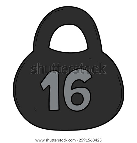 Hand drawn cartoon kettlebell 16 kilograms isolated on white background. Vector illustration.