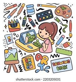 Hand Drawn Cartoon Kid Doing Online Painting Course