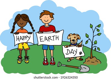 Hand Drawn Cartoon Kids And Dog Planting Tree With Happy Earth Day Signs