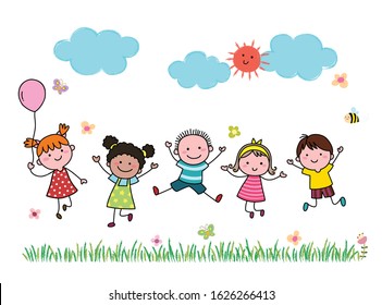 Hand drawn cartoon kids jumping together outdoor.