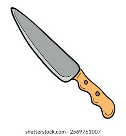 Hand drawn cartoon kitchen knife with wooden handle isolated on white background. Vector illustration.