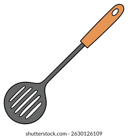 Espátula de cozinha desenhada à mão com cabo de madeira isolado no fundo branco. Ilustração vetorial.