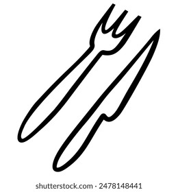 Hand drawn cartoon knife and fork in doodle style isolated on white background. Vector icon illustration.