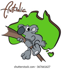 Hand drawn cartoon koala with Australian continent silhouette as a background and "Australia" lettering.