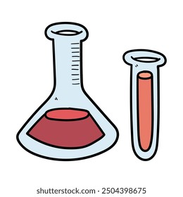 Hand drawn cartoon laboratory flask and beaker isolated on white background. Vector illustration.
