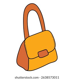 Hand drawn cartoon lady orange handbag isolated on white background. Vector illustration.