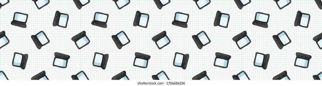 Hand drawn cartoon laptop seamless border pattern. Office internet job for communication computer convenience. Stylized business device all over print. EPS 10. 