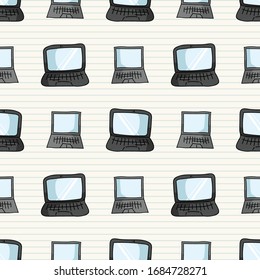 Handgezeichneter Cartoon-Laptop für die Arbeit im häuslichen nahtlosen Vektorillustration-Muster. Office Internet Job für Kommunikation Computer Bequemlichkeit. Stilvolles Business-Gerät auf dem gesamten Druck. EPS10. 