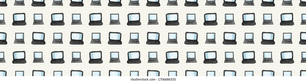 Hand drawn cartoon laptop for working at home seamless border pattern. Office internet job for communication computer convenience. Stylized business device all over print. EPS 10. 